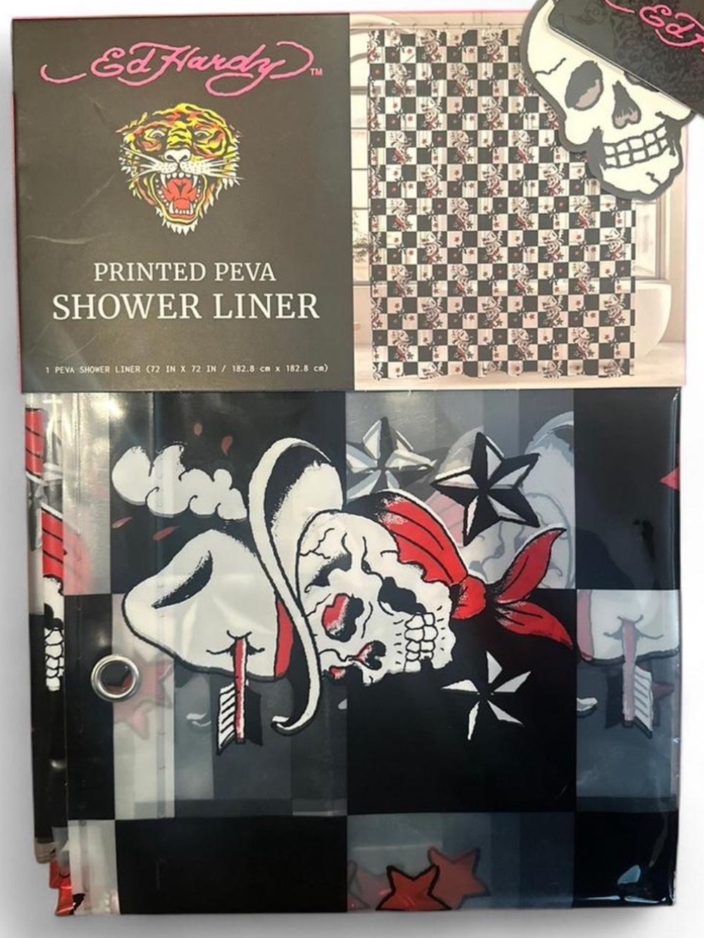 Ed Hardy New Shower Liner Cowboy Skulls & Star Checker
